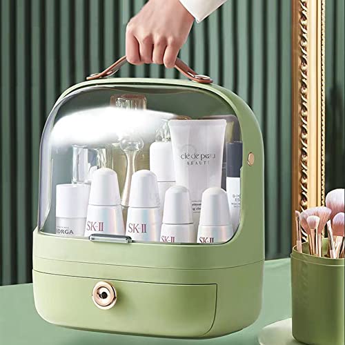 MIUOPUR Large Makeup Organizer with Brush Holder, Cosmetic Display Case with Drawer, Waterproof and Dustproof Transparent Cover, Portable Handle, Suitable for Bathroom and Bedroom -Green