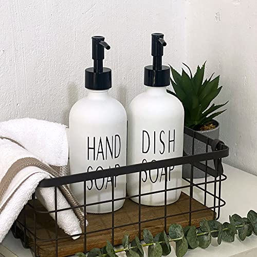 Onsogi 16 Oz White Glass Hand Soap and Dish Soap Dispenser Set with Black Plastic Pumps for Farmhouse Kitchen Counter Bathroom Decor and Organization - 2 Pack