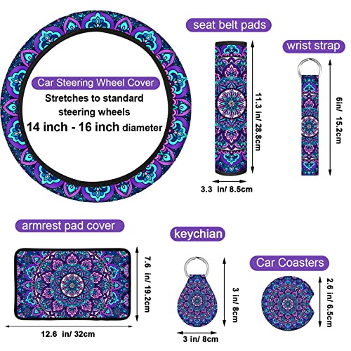 Frienda Mandala Car Accessories Set Mandala Car Seat Cover for Women Steering Wheel Cover Headrest Cover Seat Belt Cover Center Console Armrest Pad Keyring for Car Truck (Classic Style)