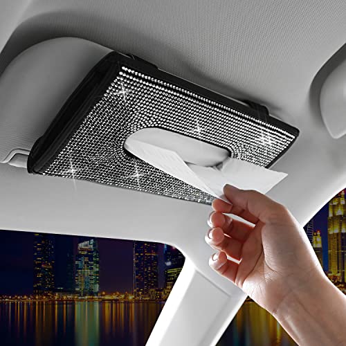 ChuLian Bling Bling Car Sun Visor Tissue Box Holder,Crystal Sparkling Napkin Holder,PU Leather Backseat Tissue Case Car Accessories for Women, Black