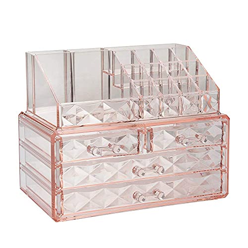 ZHIAI Jewelry and Cosmetic Boxes with Brush Holder - Pink Diamond Pattern Storage Display Cube Including 4 Drawers and 2 Pieces Set