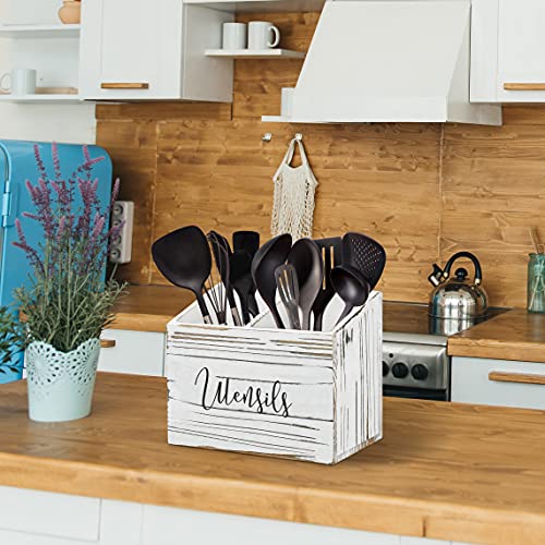 LADESIGGN Wood Utensil Holder for Countertop, Farmhouse Kitchen Decor for Flatware, Utensil Caddy with 2 Compartments, Rustic Utensil Organizer for Kitchen