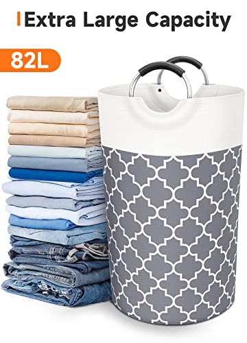 Fabspace Large Laundry Basket Laundry Hamper Bag Washing Bin Clothes Bag Collapsible Tall with Handles Waterproof Travel Bathroom College Essentials Storage for College Dorm, Family, 82L (Grey)