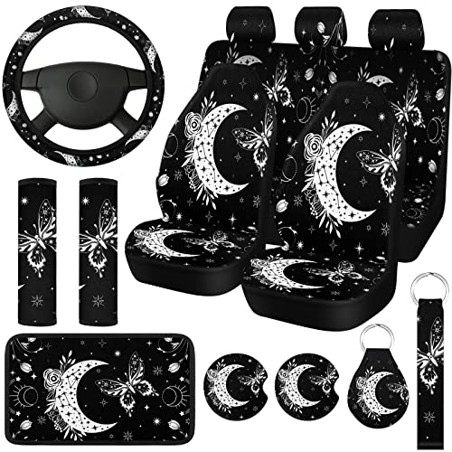 Fiada 15 Pcs Moon Star Car Seat Covers Full Set for Women, Butterfly Steering Wheel Cover Shoulder Pads Armrest Pad Keychain Wrist Strap Coasters Auto Seat Universal for Vehicle SUV Truck Protector