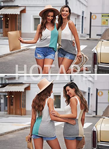 HOTAPEI Women's Knit Tank Tops Casual V Neck Colorblock Flowy Sleeveless Cami Summer Blouses Apricot Large