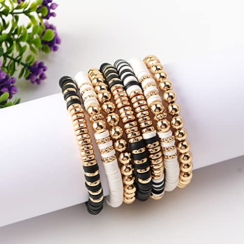 Surfer Heishi Clay Bead Bracelets for Women Bohemian Stackable Evil Eye Vinyl Disc Beaded Stretch Bracelets Elastic Layering Friendship Bracelets Boho Jewelry (E-Black&White 7pcs)