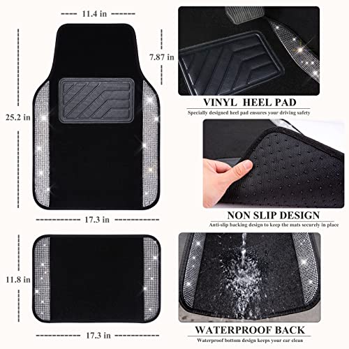 CAR PASS Shining Rhinestones Carpet, Bling Crystal Diamond Sparkly Glitter Car Floor Mats with Anti-Slip PVC Heel Pad Automotive Universal for SUV,Sedan,Car,Van,4pcs for Girl Women (Black Silver)