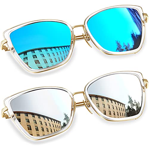 Joopin Oversized Cateye Sunglasses, Trendy Metal Cat Eye Sun Glasses UV Protection, Stylish Becky Shades for Women, Ladies Cute Bold Frame Sunnies (Mirrored Blue + Mirrored Silver)