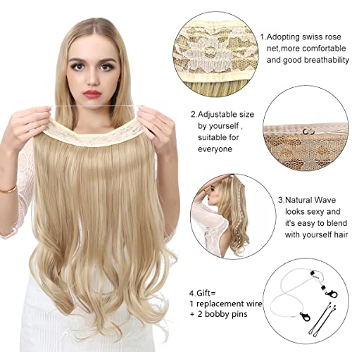 SARLA Highlight Invisible Wire Hair Extension Ash Medium Brown / Ash Blonde Adjustable Transparent Headband Wavy Curly Long Synthetic Hairpiece 18 Inch for Women No Clip