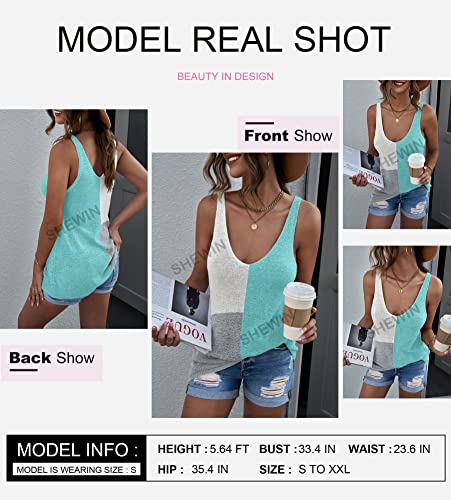 SHEWIN Women V Neck Color Block Tank Top Casual Lightweight Sleeveless Shirt Blouses Summer Loose Flowy Tank Tops for Women,US 16-18(XL),Sky Blue