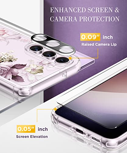 GVIEWIN Compatible with Samsung Galaxy S23 Plus Case with Screen Protector+Camera Lens Protector, Slim Shockproof Clear Floral Pattern Phone Protective Cover for Women 6.6" (Cherry Blossoms/Purple)