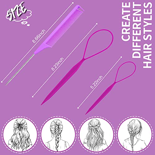 Hair Tail Tools, TsMADDTs 3Pack Hair Loop Tool Set with 2Pcs French Braid Tool Loop 1Pcs Rat Tail Comb Metal Pin Tail Braiding Comb for Hair Styling, Purple