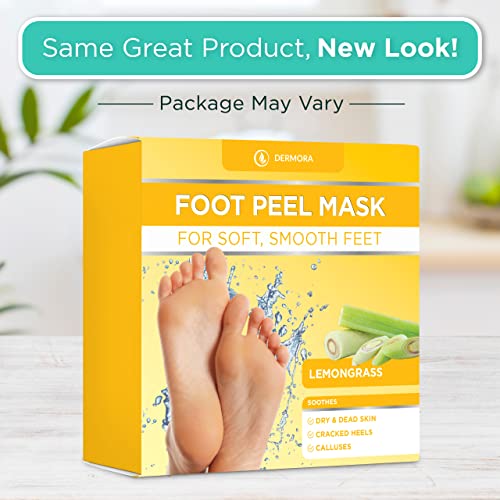 DERMORA Foot Peel Mask - 2 Pack of Regular Size Skin Exfoliating Foot Masks for Dry, Cracked Feet, Callus, Dead Skin Remover - Feet Peeling Mask for baby soft feet, Lemon Scent