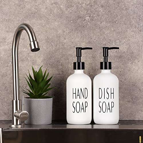 Onsogi 16 Oz White Glass Hand Soap and Dish Soap Dispenser Set with Black Plastic Pumps for Farmhouse Kitchen Counter Bathroom Decor and Organization - 2 Pack