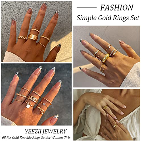 YEEZII 68 Pcs Gold Knuckle Rings Set for Women Girls, Stackable Rings Boho Joint Finger Midi Rings Hollow Carved Crystal Stacking Rings Pack