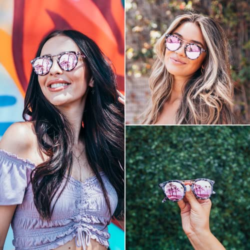 WearMe Pro - Polarized Round Vintage Retro Mirrored Lens Women Metal Frame Sunglasses (Tortoise/Pink Lens)