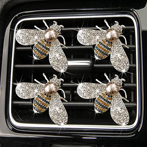 Bling Bee Air Vent Clips, 4 Pcs Crystal Bee Car Air Fresheners Vent Clips Car Diffuser Vent Clip Rhinestone Diamond Bee Car Decoration Car Interior Decor Bling Car Accessories for Women (4 Pcs Bee)