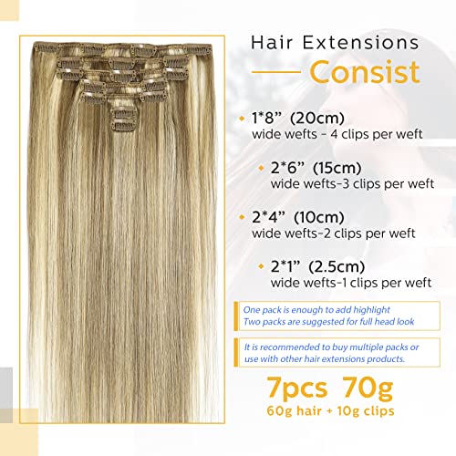 VARIO HAIR Clip in Hair Extensions Blonde Highlighted Human Hair Balayage Hair Extensions Mixed Bleach Blonde 12 Inch 70g Fine Hair Full Head Silky Straight 100% Human Hair Clip In Extensions