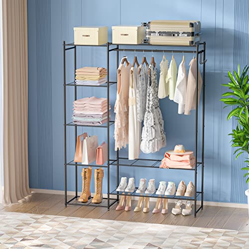 Neprock Clothing Rack with Shelves, Portable Wardrobe Closet for Hanging Clothes with Hanging Rods, Free Standing Closet Rack Shelves Closet Organizers and Storage