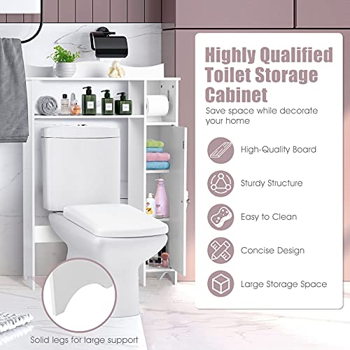 Tangkula Over The Toilet Storage Cabinet, Bathroom Space Saver w/Adjustable Shelves & Paper Holder, Freestanding Home Organizer Toilet Rack Stand w/Side Door & Anti-Topping Design, White