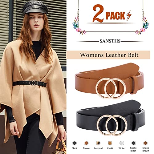 SANSTHS 2 Pack Women Leather Belts Faux Leather Jeans Belt with Double O-Ring Buckle (Black & Brown, S)