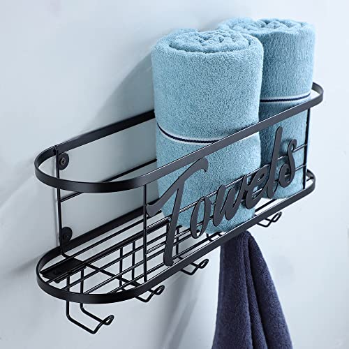 Towel Rack Wall Mounted - Rolled Towel Holder with 5 Towel Hooks, Organizer Bath Sheet and Hanging Towel - DELITON Black Bathroom Decor Storage Series