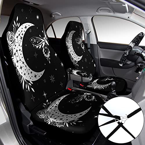 Fiada 15 Pcs Moon Star Car Seat Covers Full Set for Women, Butterfly Steering Wheel Cover Shoulder Pads Armrest Pad Keychain Wrist Strap Coasters Auto Seat Universal for Vehicle SUV Truck Protector