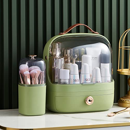 MIUOPUR Large Makeup Organizer with Brush Holder, Cosmetic Display Case with Drawer, Waterproof and Dustproof Transparent Cover, Portable Handle, Suitable for Bathroom and Bedroom -Green