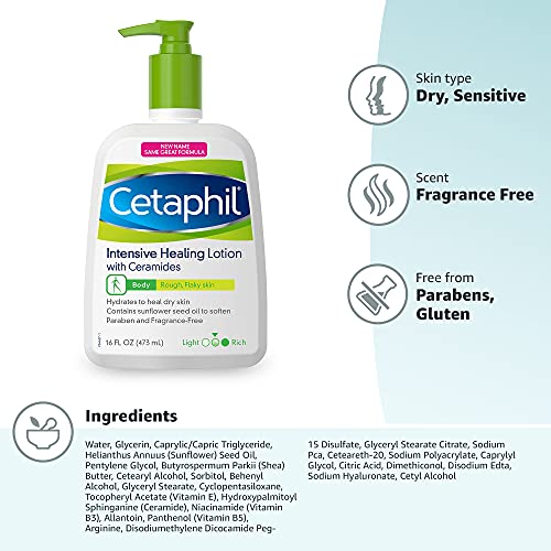 CETAPHIL Intensive Healing Lotion with Ceramides 16 oz For Dry, Rough, Flaky Sensitive Skin 24-Hour Hydration Fragrance, Paraben & Gluten Free