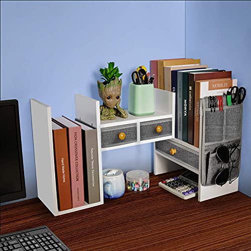 X-cosrack Wood Expandable Desktop Bookshelf Counter Bookcase Adjustable with Drawers Desktop Shelves Rack Storage Organizer for Office Supplies,Makeup,White.Petent Pending