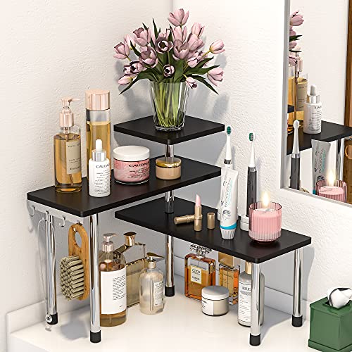 ZHWS Bathroom Counter Organizer Corner Shelf – Bathroom Organization Bamboo 3 Tier Spice Rack Makeup Organizer Bookshelf Space Saving Rack Kitchen Office Living Room, Black