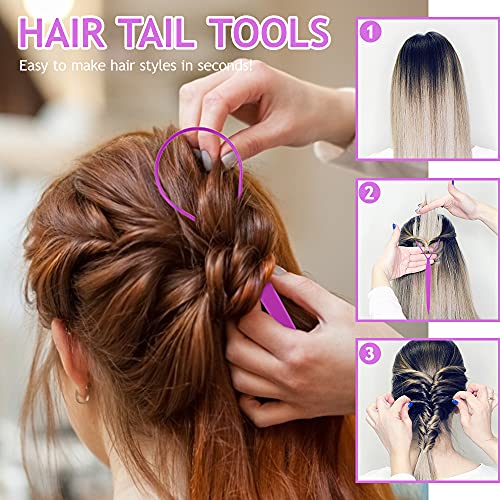 Hair Tail Tools, TsMADDTs 3Pack Hair Loop Tool Set with 2Pcs French Braid Tool Loop 1Pcs Rat Tail Comb Metal Pin Tail Braiding Comb for Hair Styling, Purple