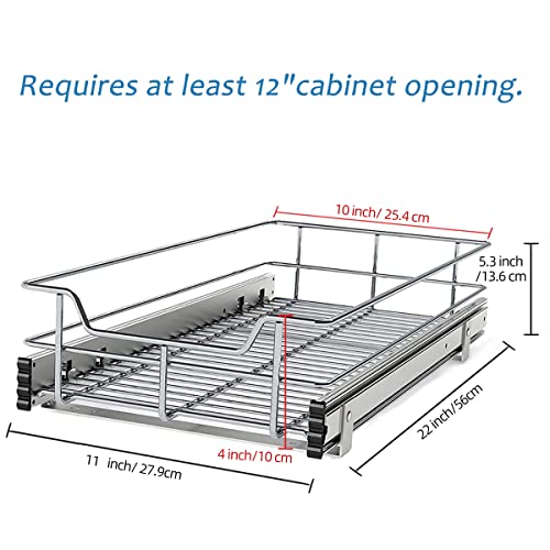 STORKING Pull Out Organizer Single Wire Basket Shelf Sliding Drawer Storage for Kitchen Base Heavy Duty Cabinets, 12”W x 22”D Cabinet Opening Wire Frame Chrome Plating Finish