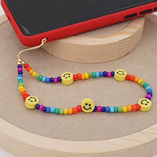 Taouzi 6PCS Beaded Phone Lanyard Wrist Strap Face Beaded Phone Charm Fruit Star Pearl Rainbow Color Beaded Phone Chain Strap for Women Girls