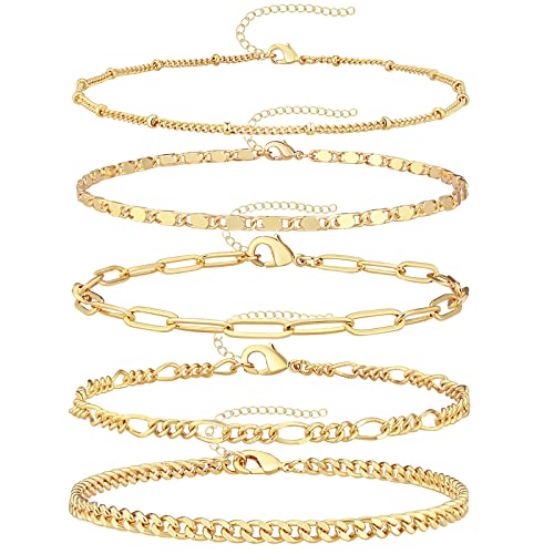 Reoxvo Gold Bracelets Jewelry Set for Women Fashion Dainty Gold Adjustable Layered Link Chain Bracelet Pack for Women 14K Real Gold Cute 5pcs