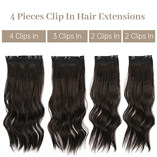 Sué Exquisite 4PCS Clip in Long Soft Glam Waves Thick Hairpieces 20 inches Dark Brown Hair Extensions Synthetic Fiber Double Weft Hair for Women Full Head