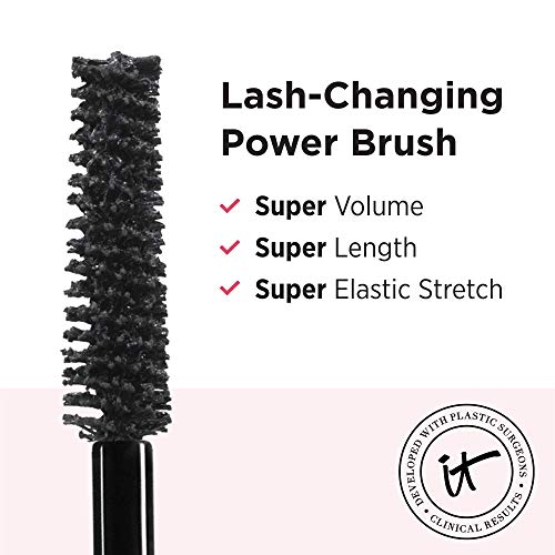 IT Cosmetics Superhero Mascara, Super Black - Elastic Stretch Volumizing & Lengthening Mascara - Lifts, Separates & Conditions Lashes - With Collagen, Biotin & Peptides - 0.3 fl oz