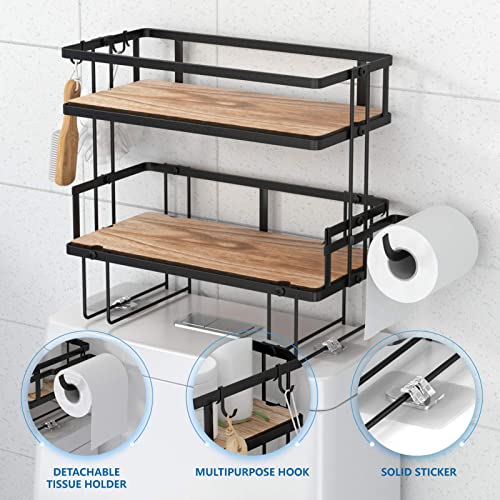 Lorbro Over The Toilet Storage Shelf, Bathroom Storage Organizer with Wooden Bottom Plate & Adhesive Base, Toilet Storage Rack for Paper Towels Shampoos Bathroom Decor (Black, 2-Tier)