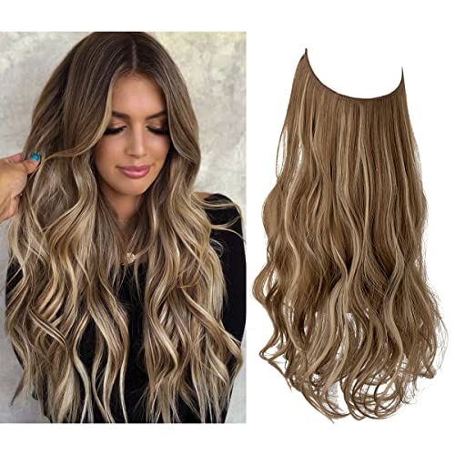 SARLA Highlight Invisible Wire Hair Extension Ash Medium Brown / Ash Blonde Adjustable Transparent Headband Wavy Curly Long Synthetic Hairpiece 18 Inch for Women No Clip