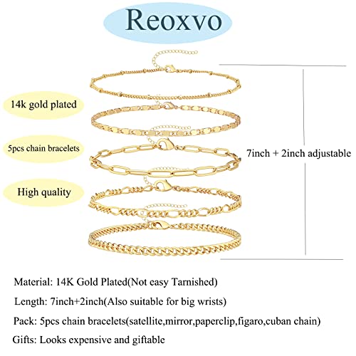 Reoxvo Gold Bracelets Jewelry Set for Women Fashion Dainty Gold Adjustable Layered Link Chain Bracelet Pack for Women 14K Real Gold Cute 5pcs