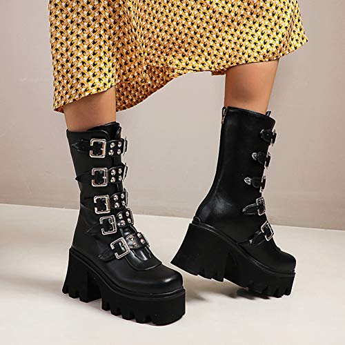 DETOGNI Women's Fashion Studded Chunky Heels Round Toe Mid Calf Biker Boots Classic Rivet Buckle Trims Back Zipper Thick Sole Goth Platform Boots (Black US11)