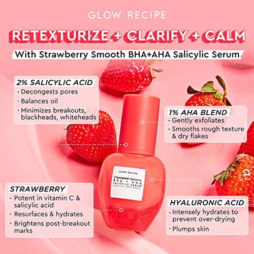 Glow Recipe Strawberry Smooth AHA BHA Salicylic Acid Serum - Daily Hyaluronic Acid Serum with Succinic Acid + Allantoin - Face Clarifying Pore Minimizer + Azelaic Acid for Brightened Complexion (30ml)