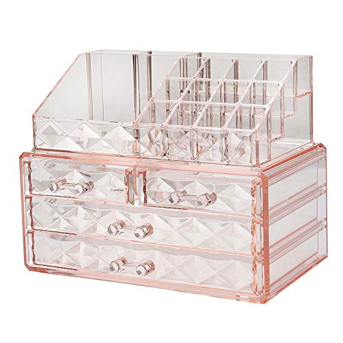 ZHIAI Jewelry and Cosmetic Boxes with Brush Holder - Pink Diamond Pattern Storage Display Cube Including 4 Drawers and 2 Pieces Set