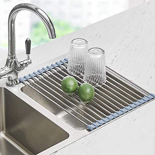 Seropy Roll Up Dish Drying Rack, Over The Sink Dish Drying Rack Kitchen Rolling Dish Drainer, Foldable Sink Rack Mat Stainless Steel Wire Dish Drying Rack for Kitchen Sink Counter (17.5''x11.8'')