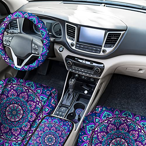 Frienda Mandala Car Accessories Set Mandala Car Seat Cover for Women Steering Wheel Cover Headrest Cover Seat Belt Cover Center Console Armrest Pad Keyring for Car Truck (Classic Style)