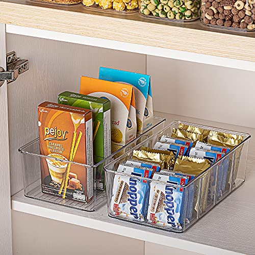 Vtopmart 4 Pack Food Storage Organizer Bins, Clear Plastic Storage Bins for Pantry, Kitchen, Fridge, Cabinet Organization and Storage, 4 Compartment Holder for Packets, Snacks, Pouches, Spice Packets