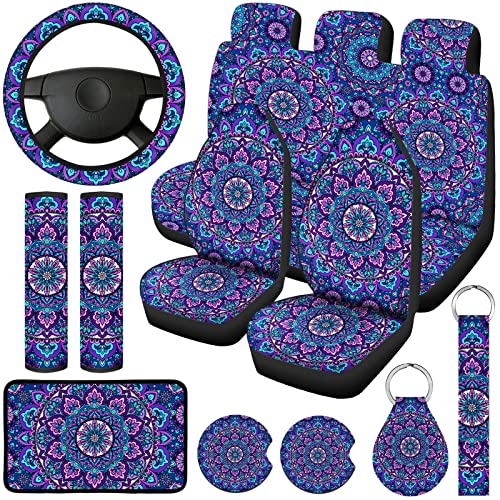 Frienda Mandala Car Accessories Set Mandala Car Seat Cover for Women Steering Wheel Cover Headrest Cover Seat Belt Cover Center Console Armrest Pad Keyring for Car Truck (Classic Style)