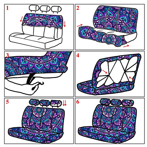 Frienda Mandala Car Accessories Set Mandala Car Seat Cover for Women Steering Wheel Cover Headrest Cover Seat Belt Cover Center Console Armrest Pad Keyring for Car Truck (Classic Style)