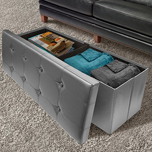 Sorbus Storage Bench Chest – Collapsible/Folding Bench Ottoman with Cover – Perfect Hope Chest, Pouffe Ottoman, Coffee Table, Seat, Foot Rest, and More – Contemporary Faux Leather, Large (Gray)