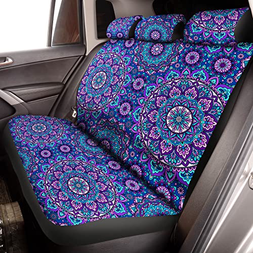 Frienda Mandala Car Accessories Set Mandala Car Seat Cover for Women Steering Wheel Cover Headrest Cover Seat Belt Cover Center Console Armrest Pad Keyring for Car Truck (Classic Style)